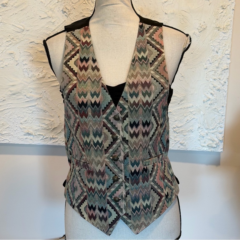 Karen Scott Woven Tapestry Vest Boho Cottagecore Made in USA Vintage Sz M